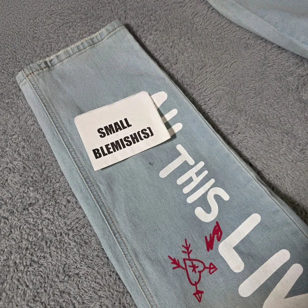 Bleecker & Mercer Mens 36x34 Slim Fit Jeans Light Blue Graphic Distressed Urban